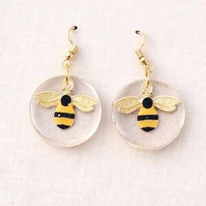 Handcrafted Bee Resin Dangle Earrings Gold & Black Nature Statement